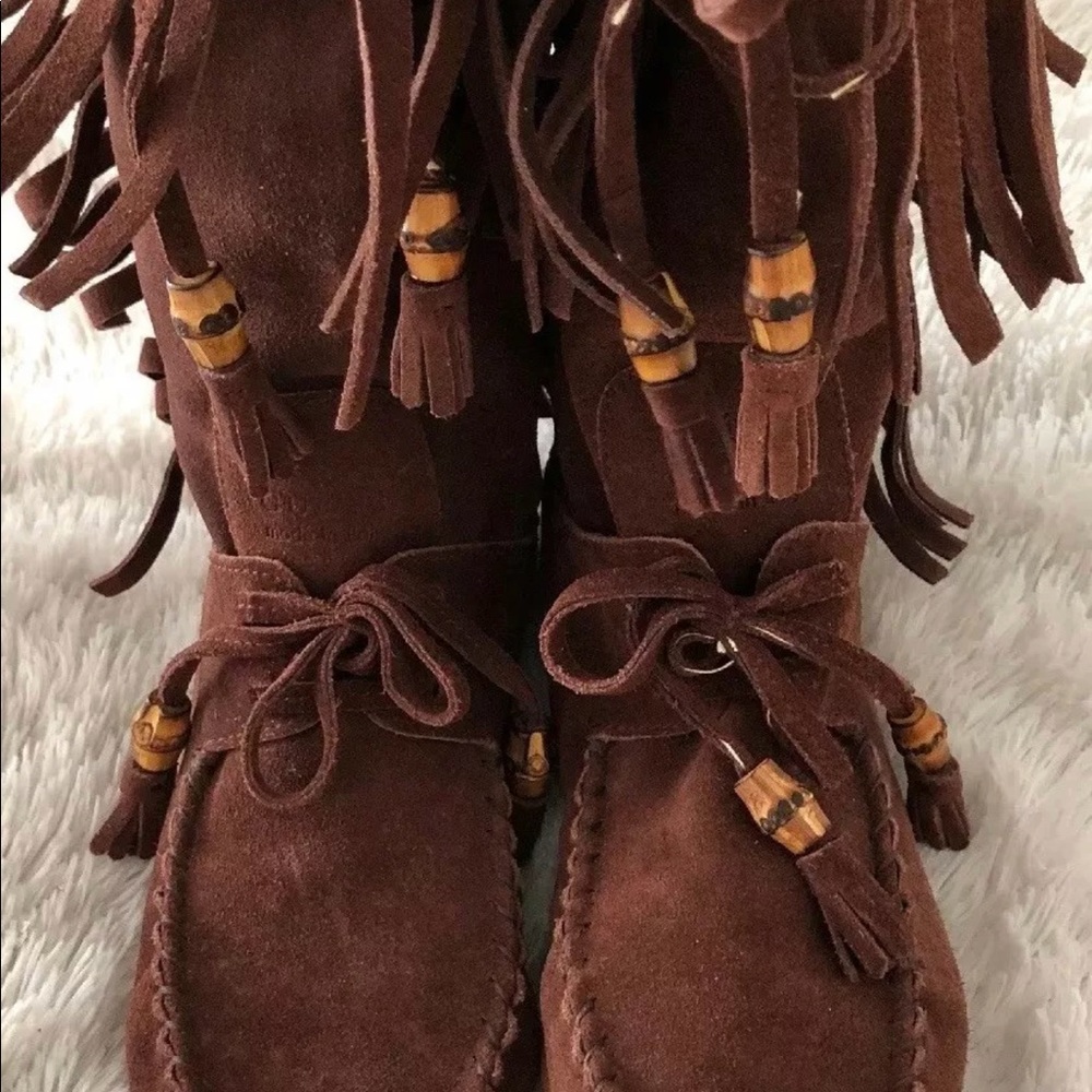 GUCCI Brown Suede Fringe-Beads Flat Boots-7B
